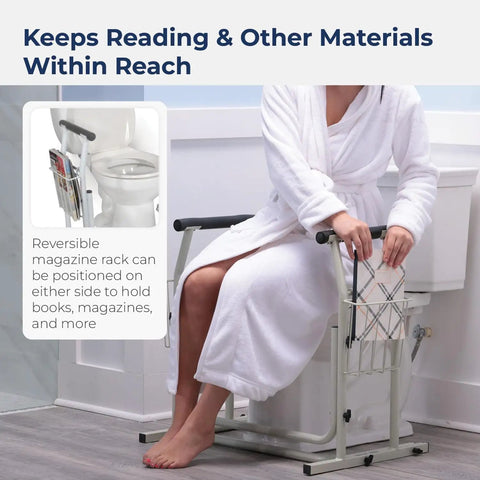 Toilet Safety Frame With Freestanding Grab Bar For Bathroom, Sturdy Aluminum Rail, woman sitting with magazine rack, white.