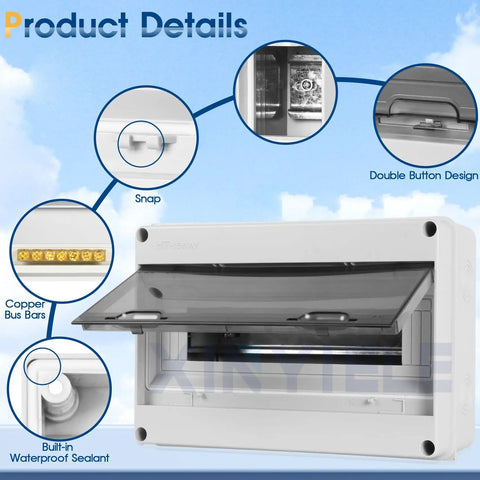 Beefy Waterproof Distribution Protection Box For Indoor Outdoor Wall Circuit Breakers, Rugged ABS Plastic Enclosure With Clear Cover, IP65 Weatherproof Electrical Box For 15 Way HT 15WAY Systems. White 15-way ABS enclosure with clear cover, snap latch and copper bus bars