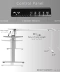 Vivo Electric L Shaped Corner Standing Desk With Memory Height Adjustment And White Finish For Office Ergonomic Sit Stand Workstation Dual Motor Lift System Smooth Operation Control panel showing memory presets and height settings.