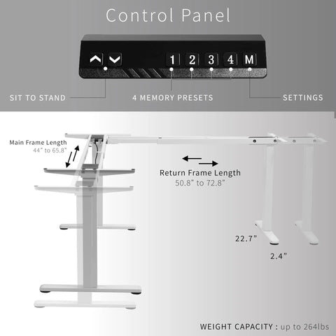 Vivo Electric L Shaped Corner Standing Desk With Memory Height Adjustment And White Finish For Office Ergonomic Sit Stand Workstation Dual Motor Lift System Smooth Operation Control panel showing memory presets and height settings.