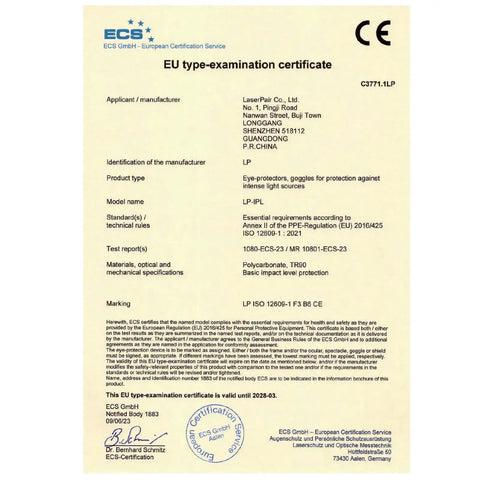 EU type-examination certificate for Heavy Duty Ipl Safety Glasses With Broad Spectrum Protection For Hair Removal And Beauty Therapy.