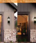 Dusk To Dawn Sensor Outdoor Wall Lantern With Built In GFCI Outlet, Black No-Nonsense Weatherproof Sconce on garage, day and night view