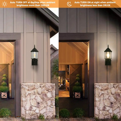 Dusk To Dawn Sensor Outdoor Wall Lantern With Built In GFCI Outlet, Black No-Nonsense Weatherproof Sconce on garage, day and night view