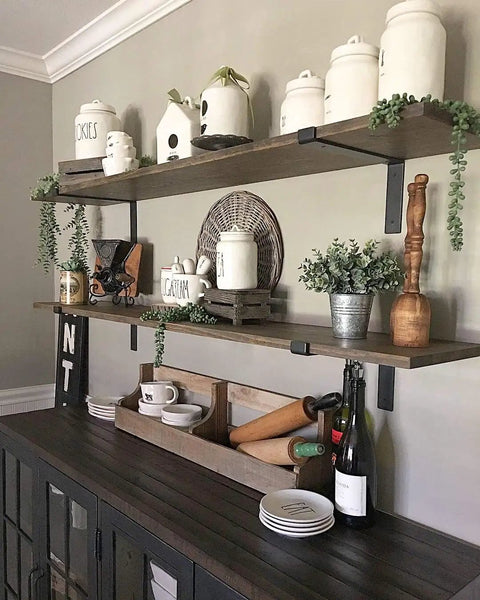 Stylish kitchen with heavy-duty shelf brackets set with lip, construction-grade one quarter inch steel, matte black iron finish.