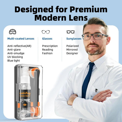 Ordilend glasses cleaning kit with 24H anti-fog spray in a clear case, includes spray bottle and microfiber cloth