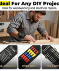 Adjustable Magnetic Wristband For Screws Nails And Small Tools Perfect For Mechanics Handymen And DIYers Keeps Tiny Parts Secure On Your Wrist For Quick Access And Faster Builds With Pro Grade Convenience. man using black magnetic wristband for nails, wire nuts, and drill bits in a woodworking shop