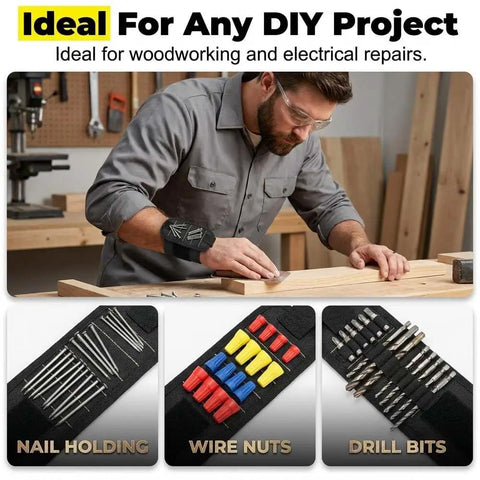 Adjustable Magnetic Wristband For Screws Nails And Small Tools Perfect For Mechanics Handymen And DIYers Keeps Tiny Parts Secure On Your Wrist For Quick Access And Faster Builds With Pro Grade Convenience. man using black magnetic wristband for nails, wire nuts, and drill bits in a woodworking shop