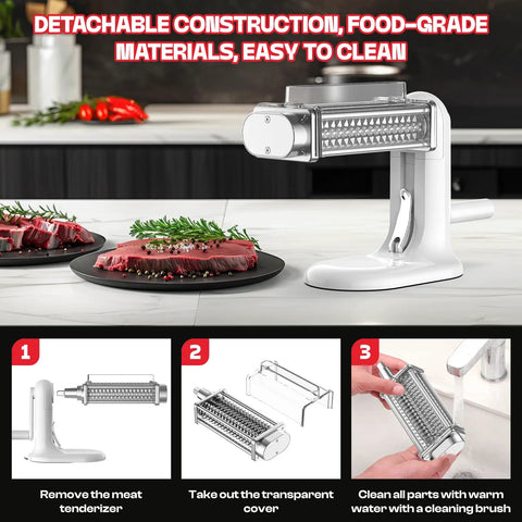 Must-Have Manual Meat Tenderizer Tool With Stainless Steel Gear on kitchen counter with fresh steaks, showing cleaning steps