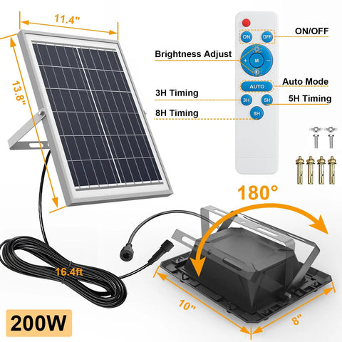 200W Solar Street Light Waterproof Outdoor Flood Light With 20000LM, 16Ft Wire, Dusk To Dawn Auto On, 5730 LED Beads, Big Battery, Set It And Forget It Security Lighting For Yard Garden Path Parking Lot