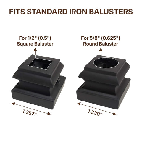 Swivel Baluster Connector For Half Inch Square Balusters, Adjustable Aluminum Structural Mount With Screws, Fits Hollow Iron Balusters, Staircase Railing Hardware, Set Of 10, Compatible With Half Inch Square And Five Eighth Inch Round Balusters - connectors shown for 1/2 inch square and 5/8 inch round balusters