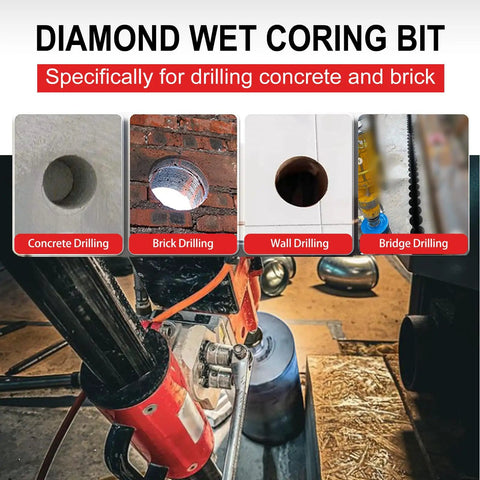 Four And A Quarter Inch Diamond Core Drill Bit Set With Ten Inch Drilling Depth Turbo Laser Welded Segments shown in use on concrete and brick