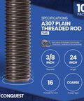 Close-up of Unfinished Three Eighths Inch Heavy Duty Threaded Rod 16 Threads Per Inch 24 Inch Length 10 Pack Coarse UNC All Thread Rods ASTM A307 Grade A Standard Right Hand Threads Carbon Steel.