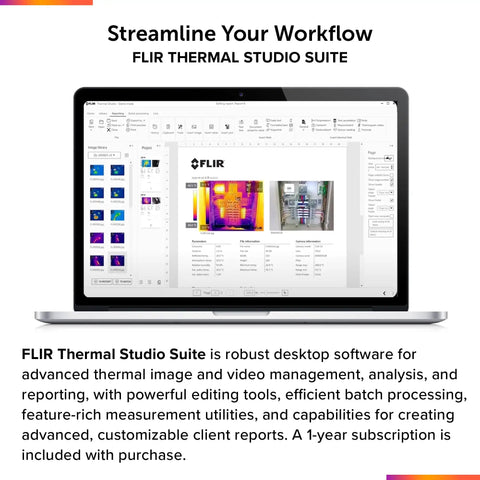 Laptop displaying FLIR Thermal Studio Suite interface, software for thermal image and video management on screen.