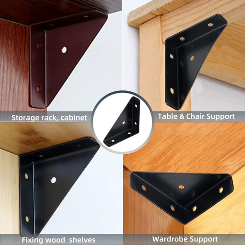 Triangle Corner Brace L Bracket For Wood 10 Pack Built Tough Heavy Duty Solid Steel with screws shown in various uses.