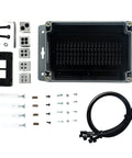 Heavy Duty IP65 Outdoor Project Enclosure For Raspberry Pi And Arduino Boards with screws and grommets layout on a white background.