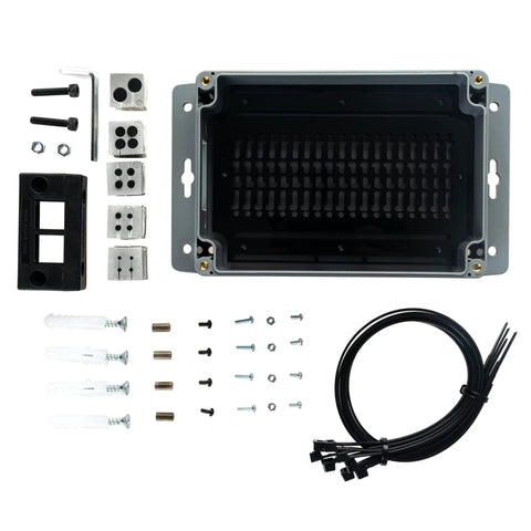 Heavy Duty IP65 Outdoor Project Enclosure For Raspberry Pi And Arduino Boards with screws and grommets layout on a white background.