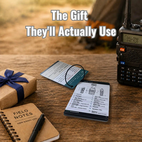 Emergency Comms Cards For UV-5R Radio Kit on table with radio and journal