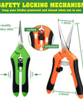 4 Pack Garden Shears Set With Stainless Steel Blades, Pruning Shears And Garden Clippers For Plants And Flowers, Safe Locking Mechanism, Ergonomic Orange Green Handles, Durable Pruning Tools For Yardwork - close-up view of locking mechanism and stainless blades