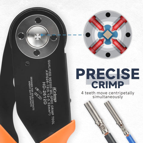 Pro Grade Deutsch Solid Contacts Crimping Tool AWG 26-12 close-up showing 4-indent crimping mechanism and solid contacts