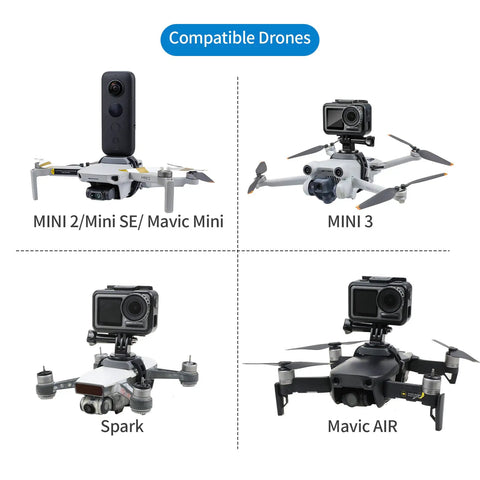 Camera Expansion Mount With One Quarter Inch Adapter for DJI Mini 2 Mini 3 Mavic drones and action cams attached to compatible drones.