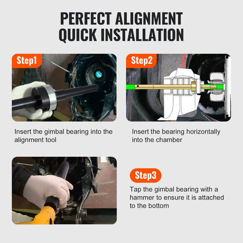 VEVOR gimbal bearing alignment kit for marine engines; step-by-step collage showing bearing insertion and installation.