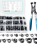 130-Piece Spring Band Hose Clamp Kit with pliers showing assorted clamps for 6-25mm range ideal for fuel lines and hoses