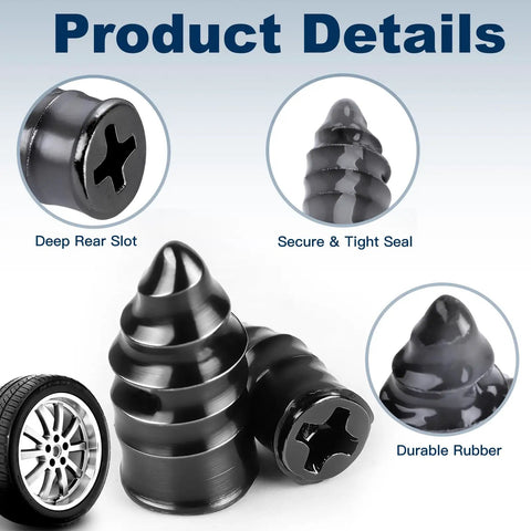 Close-up of rubber plug nails from Portable Tire Repair Kit With 60 Pcs Plug Set, showing deep slot and secure seal features.