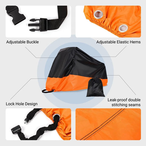 All Weather Tricycle Cover For Three Wheel E Bike And Standard Bikes, Beefy Heavy Duty Waterproof 210D Windproof Outdoor Storage, Fits One To Two Bicycles, 90.5 by 37.4 by 49.2 Inches, Orange with adjustable buckle, elastic hems, and stitched seams