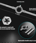 Large Size Tap And Die Set For DIYer And Home Mechanic, 23 Piece Rethreading Kit showing die wrench and removable handle parts.