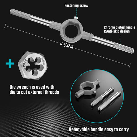 Large Size Tap And Die Set For DIYer And Home Mechanic, 23 Piece Rethreading Kit showing die wrench and removable handle parts.
