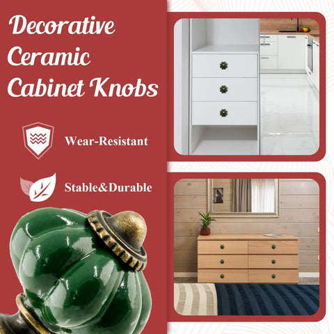 8-Piece Ceramic Pumpkin Cabinet Knobs In Dark Green With Dope Vintage Vibe For Vanity, Closet And Cupboard on drawers