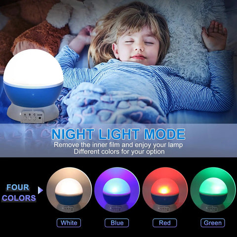 Child sleeping with Awesome Kids Night Light Moon And Star Projector, 360 rotation, 4 LED bulbs, 9 color modes, USB-powered