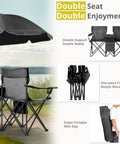 Two Person Folding Camping Chair With Adjustable Umbrella Built In Cooler And Beverage Holder Detachable Side Table Carrying Bag Heavy Duty Steel Frame Large Weight Capacity For Beach Patio Park Outdoor Black displayed folded and portable with carrying bag.