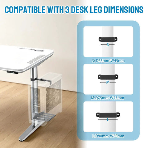 Built Tough Under Desk Pc Mount Clamp On Computer Tower Case Holder fits S, M, L desk leg sizes with adjustable clamps.