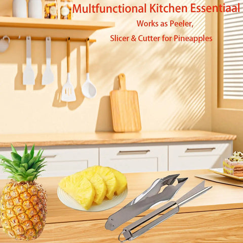 Stainless Steel Pineapple Eye Peeler and V Shape Cutter With Clip on kitchen counter next to sliced pineapple and whole fruit.
