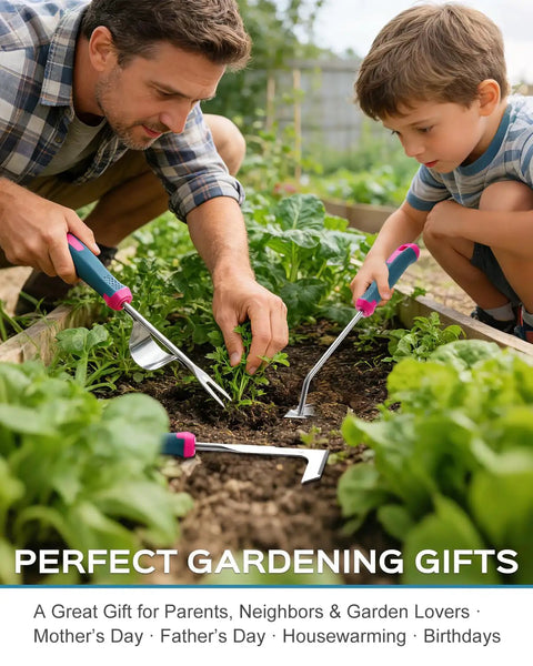 Father and son using a Stainless Steel Weed Puller Tool With Leverage Base And V Shaped Forks For Deep Root Removal and Easy Weeding Ergonomic Soft Grip Hand Weeder For Garden And Lawn in vegetable garden