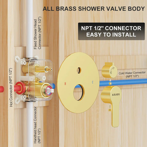 High Pressure Shower System With 12 Inch Rain Shower Head, Chrome Ceiling Mounted Set, brass valve connectors visible