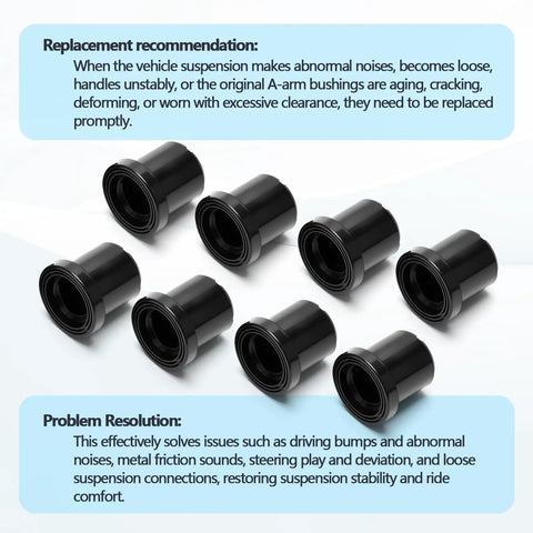 Eight Piece Heavy Duty Suspension Bushing Kit For John Deere Gator Upper Lower Control Arm Flanged Sleeve Isolators Replaces M158746 displayed on a light background.