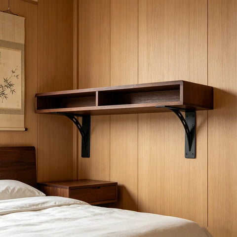 Heavy Duty Carbon Steel Triangle Shelf Bracket For Floating Shelves And TV Stands Rustproof Wall Mount with wooden shelf installed