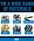 Drill America 29-piece cobalt stepped drill bit set banner; six materials shown.