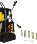 Heavy Hitter 1850 Watt Magnetic Drill Press With Killer 7 Piece Hss Annular Cutter Kit and Smooth Rack And Pinion Depth Dial For Bulletproof Steel Job Sites, showcasing drill press with cutter kit.