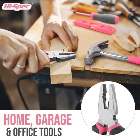 Person using pliers from Pink 38-Piece Essential Tool Box Set With Storage Case For DIY Dorms And Home Quick Fixes Ergonomic Non-Slip Steel Hand Tools Compact Handy Kit For Everyday Repairs And Weekend Projects.
