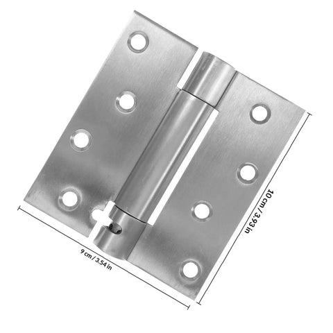 Spring Loaded Self Closing Door Hinges 2 Pack No Fuss, 201 Stainless Steel shown flat with mounting holes.