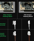 Comparison of new and old version heating blocks and terminals for Unicorn K1 Series Ceramic Hotend Upgrade Kit With Quick Swap Nozzle.