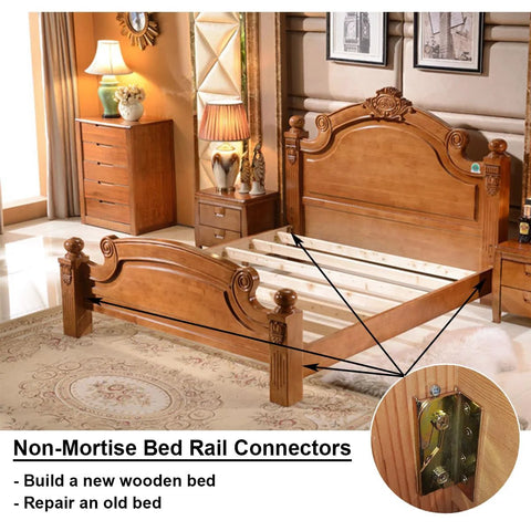 Bed Rail Brackets For Wooden Beds Heavy Duty Non Mortise Fittings Set Of 4 With Screws installed on wooden bed frame
