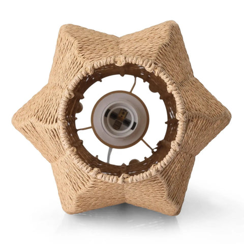 Underside view of Rattan Woven Side Table Lamp for Boho Coastal Living Room and Bedroom showcasing bulb socket and intricate weave texture.