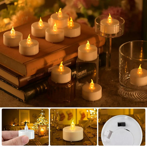 Stacked flameless LED tea light candles 24 pack with realistic flicker warm yellow glow, for party and home decor.