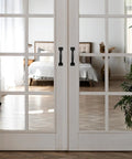 Four Point Seven Inch Iron Gate And Door Handle Set Black on glass doors, hardwood floor visible