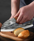 Two Piece Meat Cleaver Knife Set For Kitchen And Outdoor Use cutting bread with sharp edge on wooden board