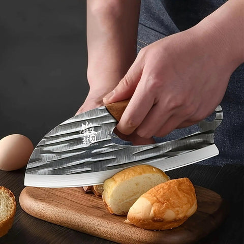 Two Piece Meat Cleaver Knife Set For Kitchen And Outdoor Use cutting bread with sharp edge on wooden board